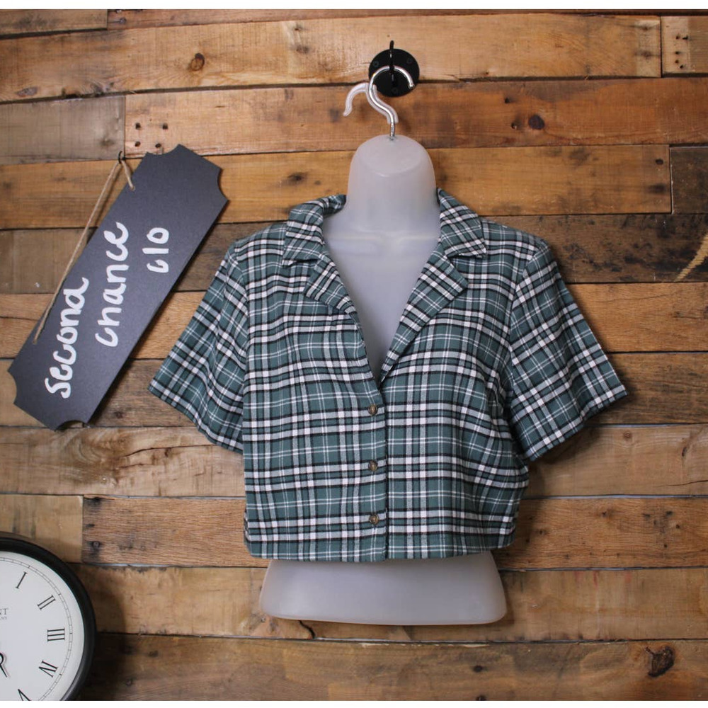 Plaid Cropped Button-Up Top - Green